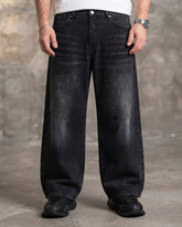 Men’s Super Baggy Black Jeans with Whiskering Detail