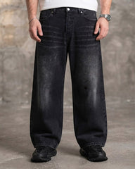 Men’s Super Baggy Black Jeans with Whiskering Detail