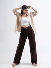 Women Denim Flare Jeans(Wide leg brown)