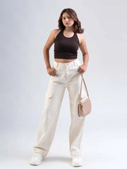 Women And girls fency flap pocket stylish Denim jeans(Pocket Cream)