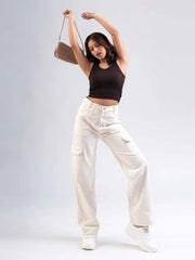 Women And girls fency flap pocket stylish Denim jeans(Pocket Cream)