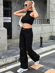 Women Knee Cut Style Denim jeans(2Cut Black)