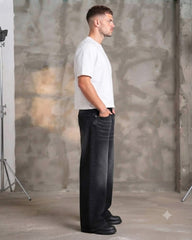 Men’s Super Baggy Black Jeans with Whiskering Detail