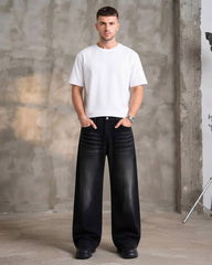 Men’s Super Baggy Black Jeans with Whiskering Detail