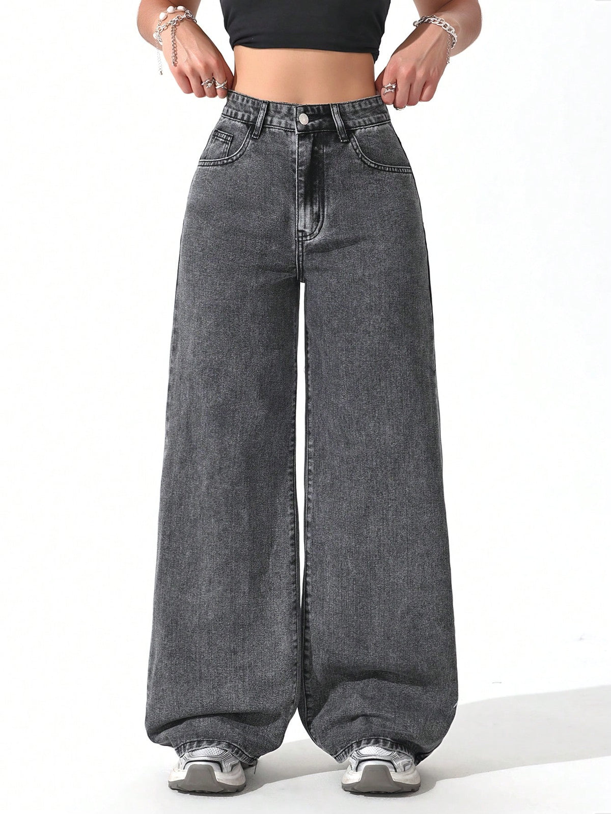 Womens Wide Leg Charcol Color Denim Jeans