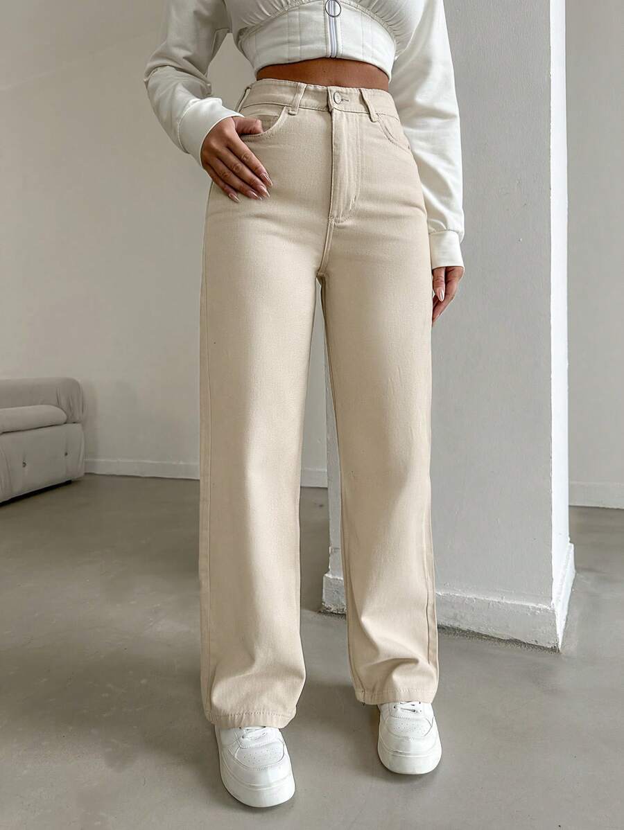 Womens Wide Leg Cream Denim Jeans