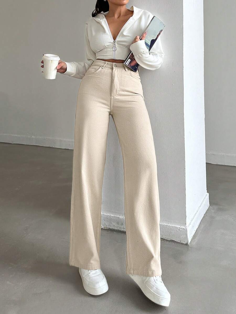 Womens Wide Leg Cream Denim Jeans