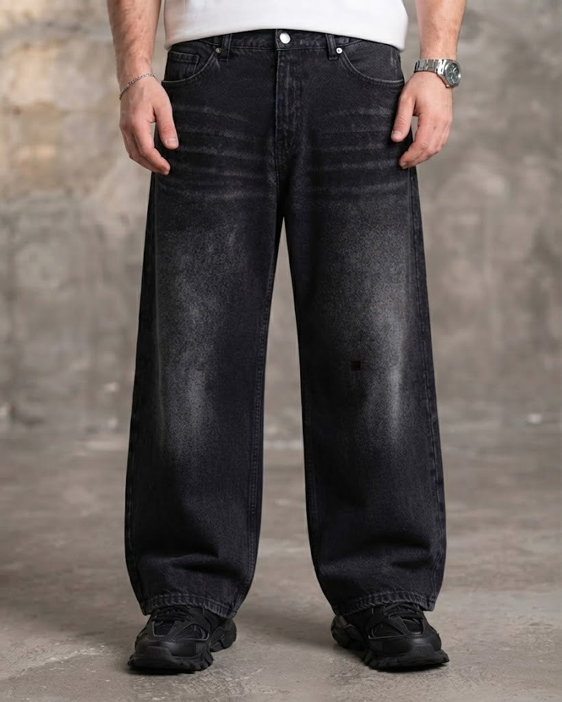 Men’s Super Baggy Black Jeans with Whiskering Detail
