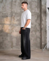 Men’s Super Baggy Black Jeans with Whiskering Detail