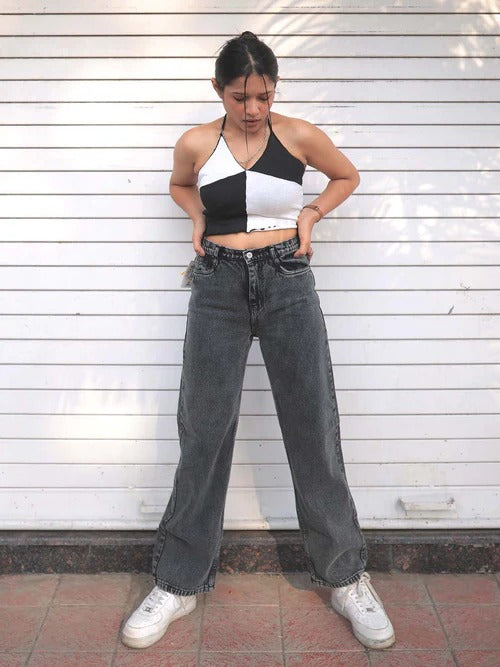 Women And Girls Unique Model Denim jeans(Wide leg Charcoal)