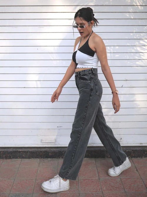 Women And Girls Unique Model Denim jeans(Wide leg Charcoal)