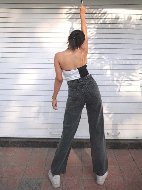 Women And Girls Unique Model Denim jeans(Wide leg Charcoal)