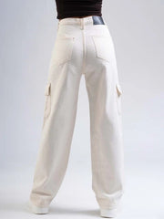 Women And girls fency flap pocket stylish Denim jeans(Pocket Cream)