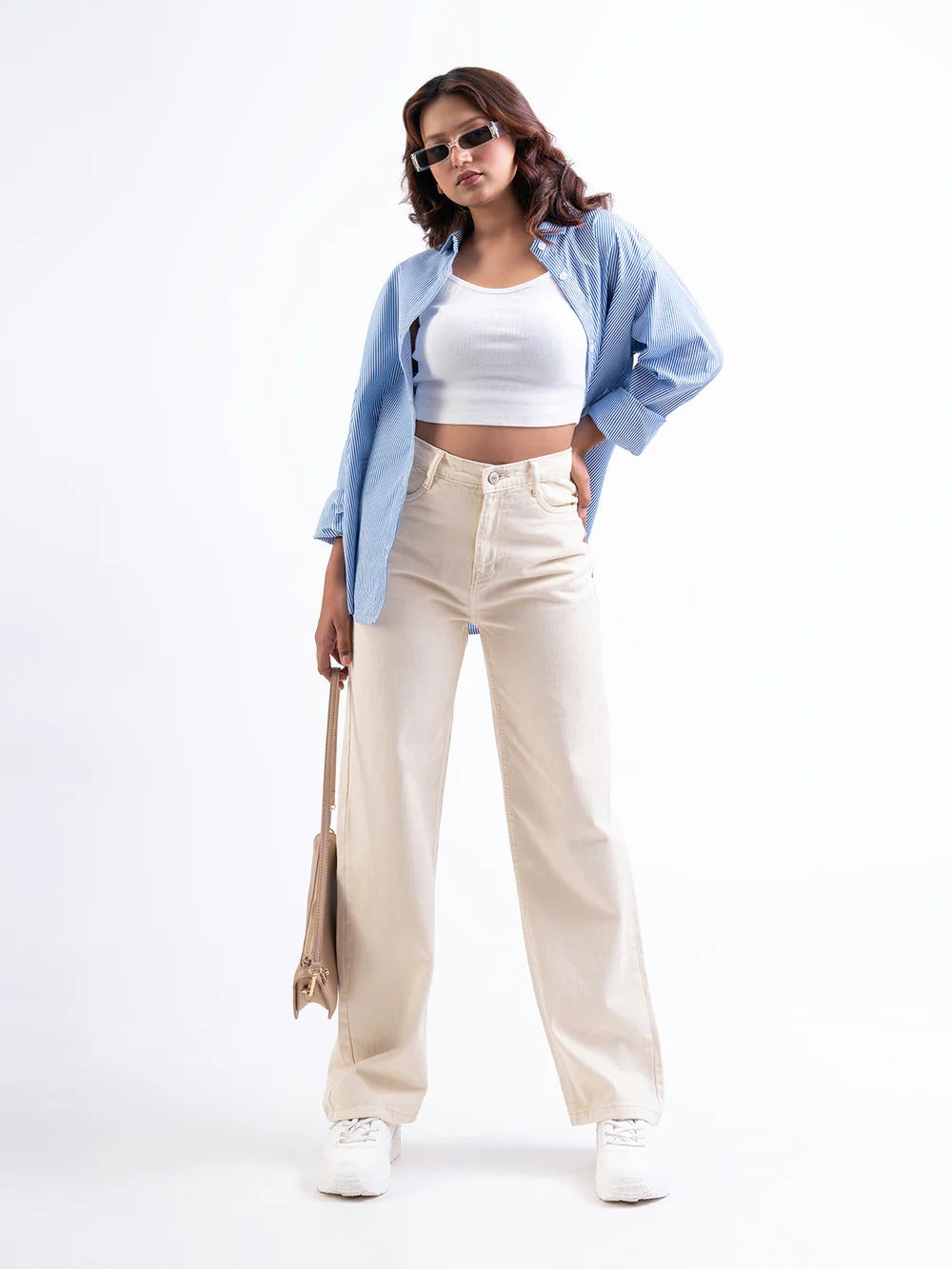 Women and Girls Stylish flared Denim jeans(Wide leg Cream)