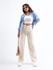 Women and Girls Stylish flared Denim jeans(Wide leg Cream)