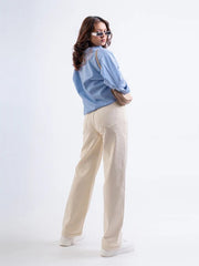 Women and Girls Stylish flared Denim jeans(Wide leg Cream)