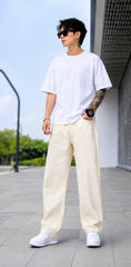 Men’s Wide-Leg Cream Jeans | Relaxed Loose Fit Casual Denim