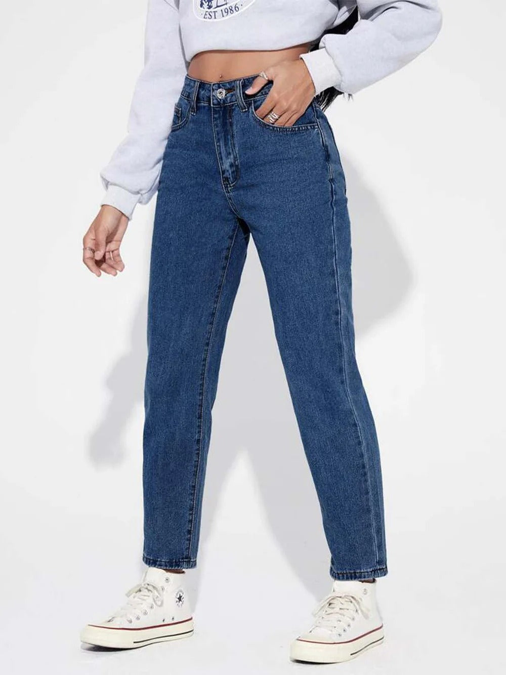 Women Stylish Denim mom fit jeans(Mom fit Stone)